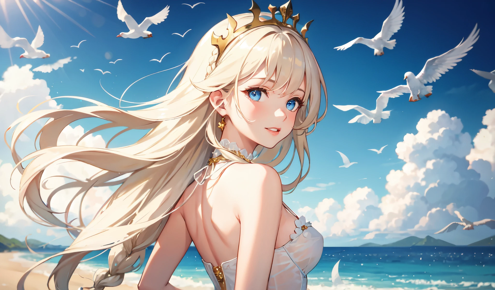 ,((Highest quality))),8k,((masterpiece)),(Very delicate and beautiful), There was a girl who came out of the sea, Mythical Swan Princess, Beautiful calm face, blue eyes, Long blonde hair braided, Moon braids on the back of the head, Shiny white vintage clothing，Wearing the Kokosnik crown, Loving eyes, Half-laugh, There was a gentle look on his face, Background seascape and sunlight, Seagulls in the sky, full length, realism