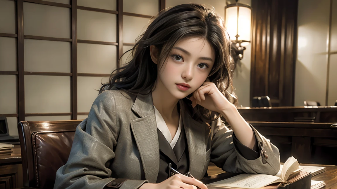 masterpiece, highest quality, Highest image quality, High resolution, photo realistic, Raw photo,( lawyer, law court, law, thick book on table, wear suit)