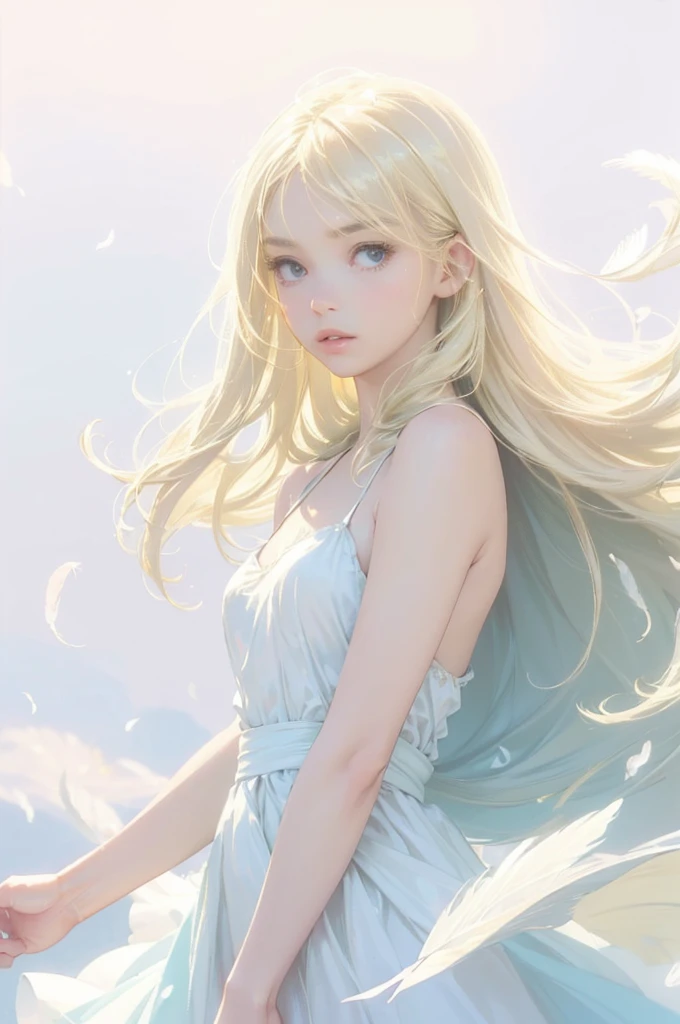 Dreamy pastel painting,　whole body，((One girl))，Realistic，lips，Tabletop，Highest quality，Realistic feel，(((Smooth, super long, straight hair，beautiful, Flowing blonde hair:1.2)))，beautiful目，(((Gazing into the distance)))，break，Delicate silk，The hem of the dress is long，Prism Rotation，(Princess Decoration，Baby Pink:1.2)，detailed，Pink Coat，moving composition，Against a deep background，Feathers in the sky，it was foggy, Bokeh, it was foggy, Dutch Angle, Afterimage, Minimalism，A world beyond imagination，Movie-like scene, Cinema Lighting，超beautifulポートレート, Abstract background