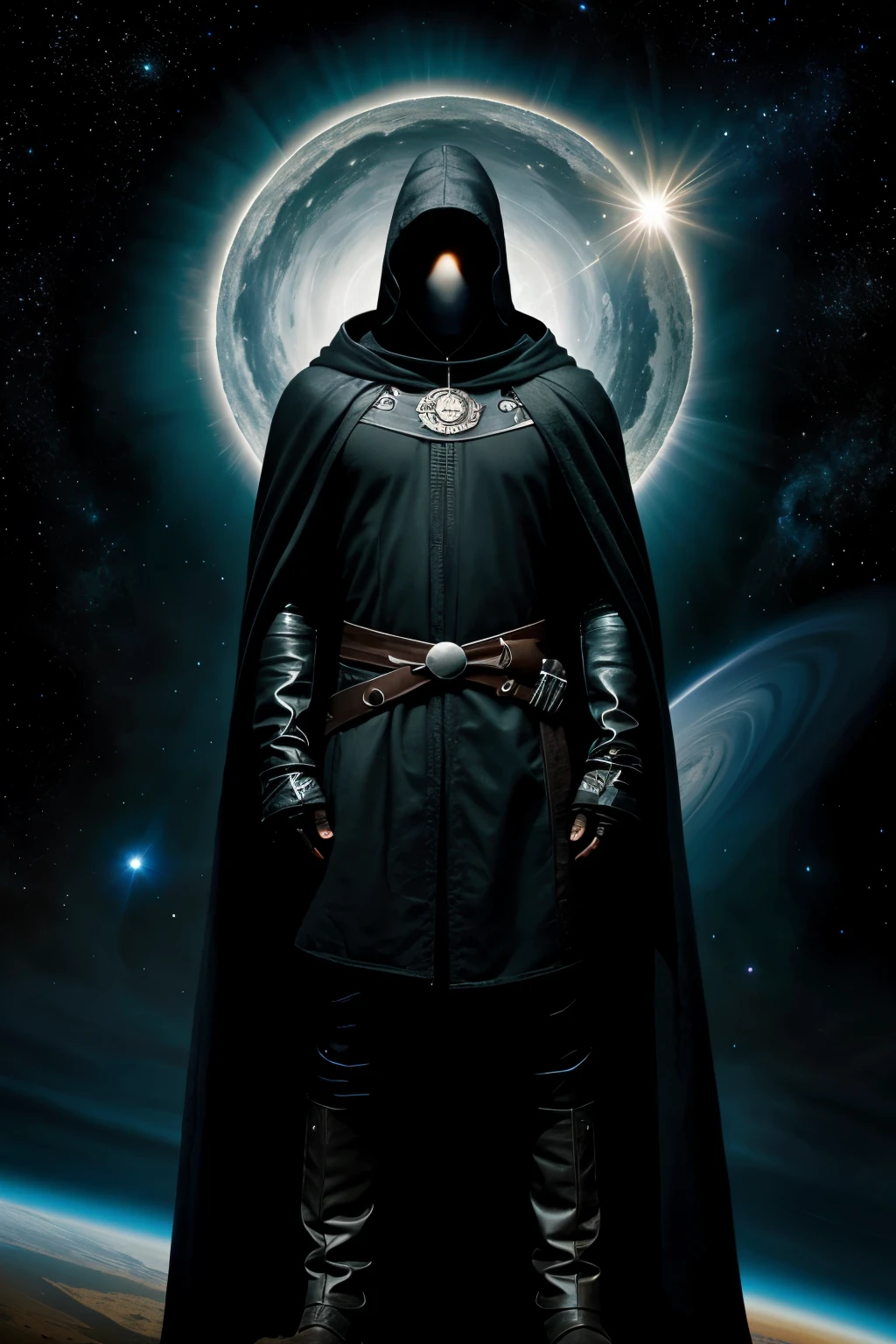 an Interworldy Man with hood, with black blade, and placed is at the edge of the universe, surrounded by stars, in background the Sun which merges with a Black Hole 