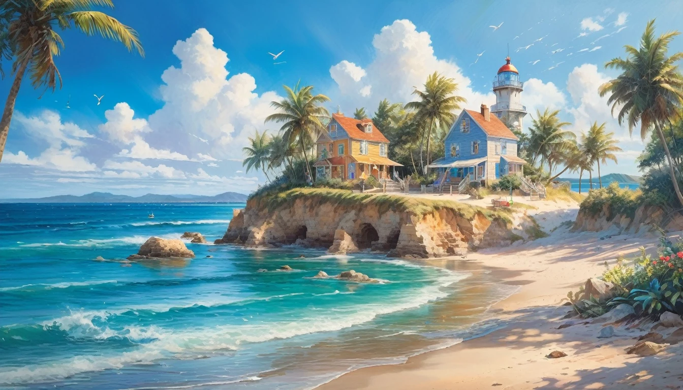 Blue Coast, Beautiful coastline overlooking the deep blue ocean, Sandy beaches and crashing waves, and palm trees swaying in the gentle breeze, Clear blue sky with fluffy white clouds, A sailing ship in the distance, The shining sun reflected on the water, shells scattered on the beach, Children building sandcastles, seagulls flying in the sky, A small beachside cafe serving refreshing drinks, Vivid and saturated colors, Soft and warm sunlight, Peaceful and calm atmosphere, tranquility and relaxation (Highest quality,Very detailed,High resolution,Professional:1.2),Coastal scenery,Realistic,Exquisite brushwork,Subtle texture and detail,Layers of vibrant colors,Highlight the beauty of the sea, Capture the essence of a summer beach day