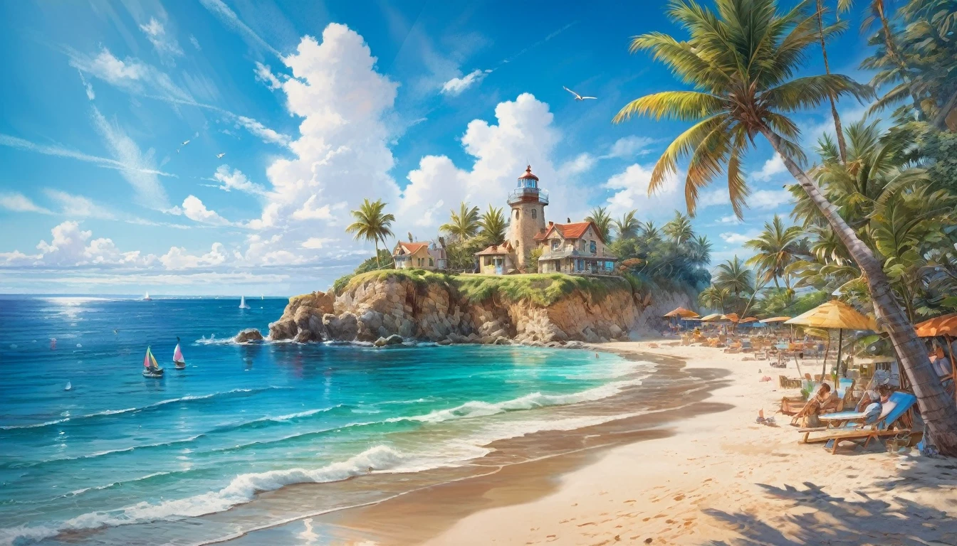 Blue Coast, Beautiful coastline overlooking the deep blue ocean, Sandy beaches and crashing waves, and palm trees swaying in the gentle breeze, Clear blue sky with fluffy white clouds, A sailing ship in the distance, The shining sun reflected on the water, shells scattered on the beach, Children building sandcastles, seagulls flying in the sky, A small beachside cafe serving refreshing drinks, Vivid and saturated colors, Soft and warm sunlight, Peaceful and calm atmosphere, tranquility and relaxation (Highest quality,Very detailed,High resolution,Professional:1.2),Coastal scenery,Realistic,Exquisite brushwork,Subtle texture and detail,Layers of vibrant colors,Highlight the beauty of the sea, Capture the essence of a summer beach day