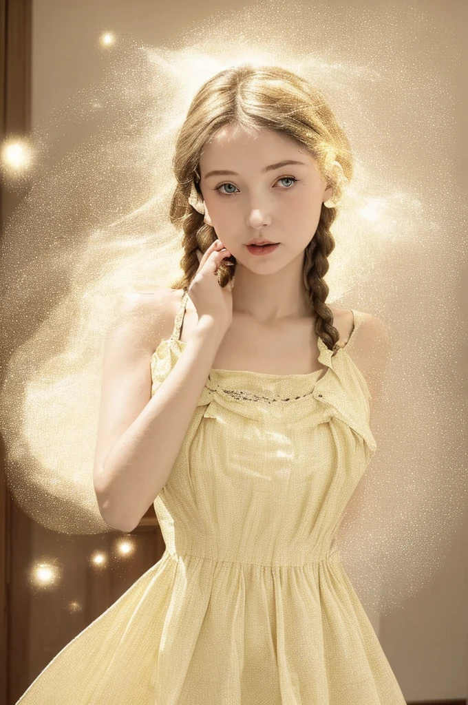 A masterpiece, Upper Body, (aldult: 1.6) Hungarian women, (giggle: 0.4), Put your hands behind your head, Blonde Braids, Bright Eyes, Victorian Sundress, floating light particles, Center, Adding facial details