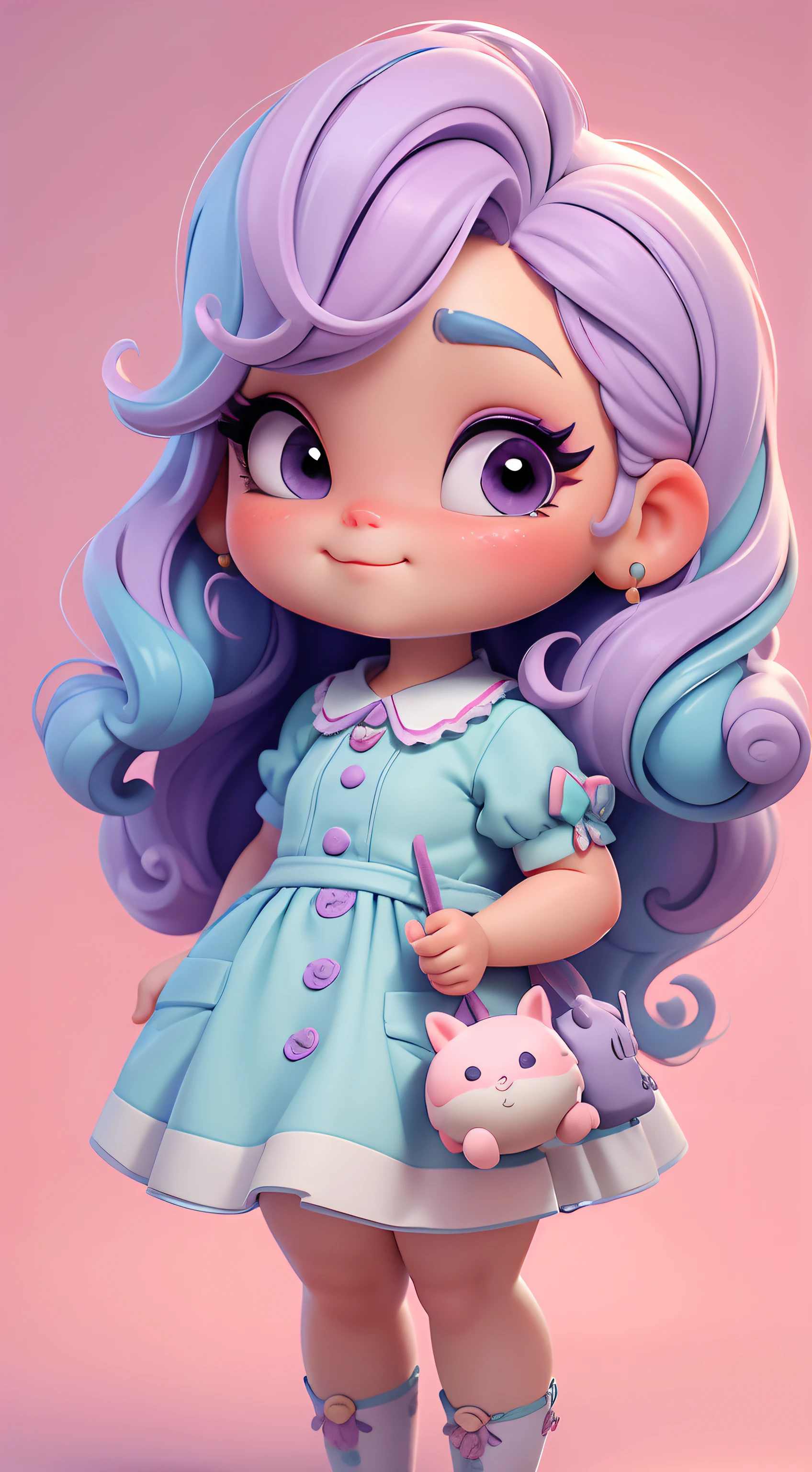 Create a series of cute chibi style themed dolls around cute cake chefs., Each one has many details and 8K resolution. All dolls must follow the same pastel wallpaper pattern.,And finish the image, Pubic area showing (full bodyesbian, including legs: 1.5) Muñeca Bolo F: llamala marina. She must have small rainbow colored hair.. Your eyes should be large and expressive., long eyelashes and rosy cheeks. Delicate white smile. Sophie must wear colorful clothes, pastel hues, Lilac and purple tones and sweet details.;. She should have a cake in her hand.. Make sure to add details to your clothes., like buttons and pockets, Beautiful shoes Be sure to add shadows, Hair texture and details., The clothes are, Bun and chocolate bar, Make them more cute and charming.