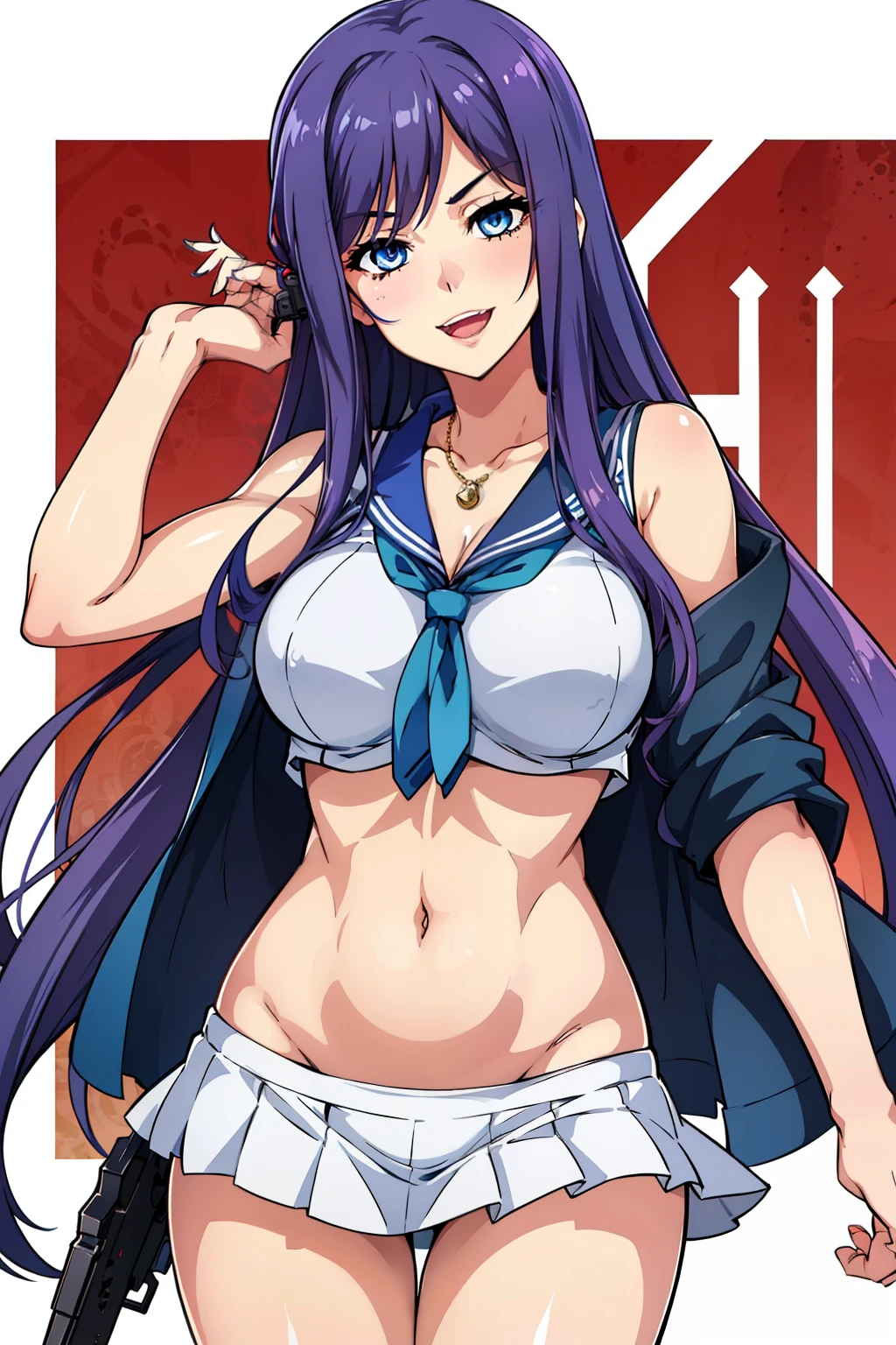 jewelry,gem, necklace, 
blue eyes, purple hair,long hair,Bangs,
long hair, lipstick, smile, Hot girl, baddie, staring, glaring, bad attitude, mean girl, dare, angry, hate, crazy, smoking, sensual, attractive, masterpiece, best quality, highly detailed, a anime girls in sailor uniforms with a gun posing for a picture,
evil smile, smile, open mouth,black_serafuku, ecchi anime style, anime girls , (nsfw) not safe for work,
ecchi style, ecchi, shipgirls, digital anime art!!, high school girls, holding a gun, hold a gun, anime style 4
k, micro skirt, exposed belly, exposed navel, exposed midriff, holding pistol,underboob,
exposed lower belly,school, classroom,