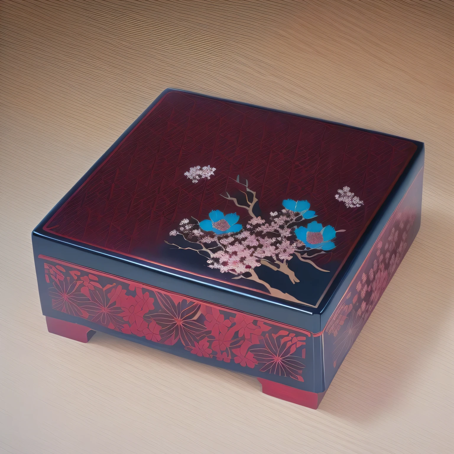 A Japanese lacquer box,Dark,There are beautiful patterns on the box,Forty-five degree angle of view,High-quality posters,Game Icon,4K,