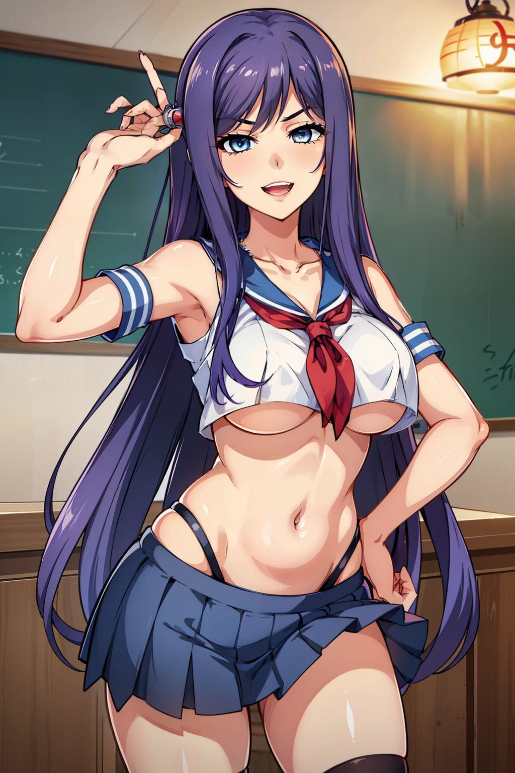 jewelry,gem, necklace, 
blue eyes, purple hair,long hair,Bangs,
long hair, lipstick, smile, Hot girl, baddie, staring, glaring, bad attitude, mean girl, dare, angry, hate, crazy, smoking, sensual, attractive, masterpiece, best quality, highly detailed, a anime girls in sailor uniforms with a gun posing for a picture,
evil smile, smile, open mouth,black_serafuku, ecchi anime style, anime girls , (nsfw) not safe for work,
ecchi style, ecchi, shipgirls, digital anime art!!, high school girls, holding a gun, hold a gun, anime style 4
k, micro skirt, exposed belly, exposed navel, exposed midriff, holding pistol,underboob,
exposed lower belly,school, classroom,