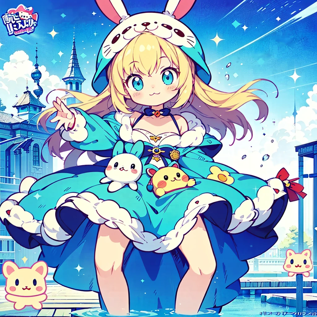 Sanrio Characters、design、score_9,score_8_Excellent,(((Highest quality、masterpiece、Official Art、Best dynamic composition、Very detailed)))、cute、Cute、cuteキャラクター、fluffy、Loose、Mascot character、A baby seal is wearing a blue rabbit costume