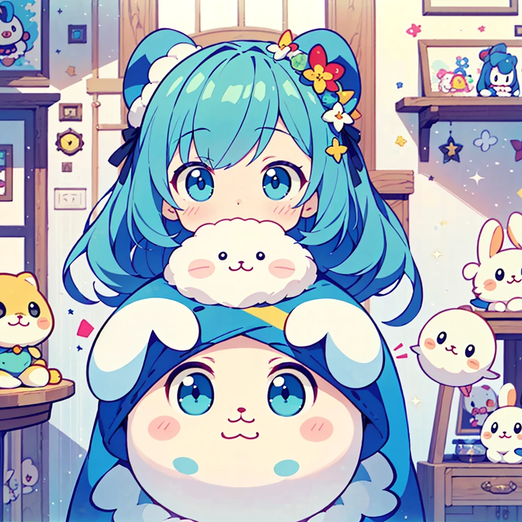 Sanrio Characters、design、score_9,score_8_Excellent,(((Highest quality、masterpiece、Official Art、Best dynamic composition、Very detailed)))、cute、Cute、cuteキャラクター、fluffy、Loose、Mascot character、A baby seal is wearing a blue rabbit costume