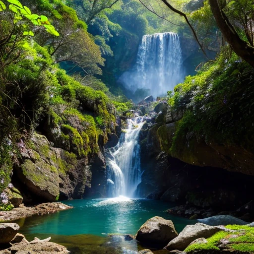 The area surrounding Mystic Falls is rich in biodiversity, with towering trees, vibrant flowers, and an array of wildlife. The waterfall itself cascades from a high cliff into a crystal-clear pool below, surrounded by smooth rocks and mossy boulders. Mist rises from the falls, creating a magical atmosphere and nourishing the plant life around it.