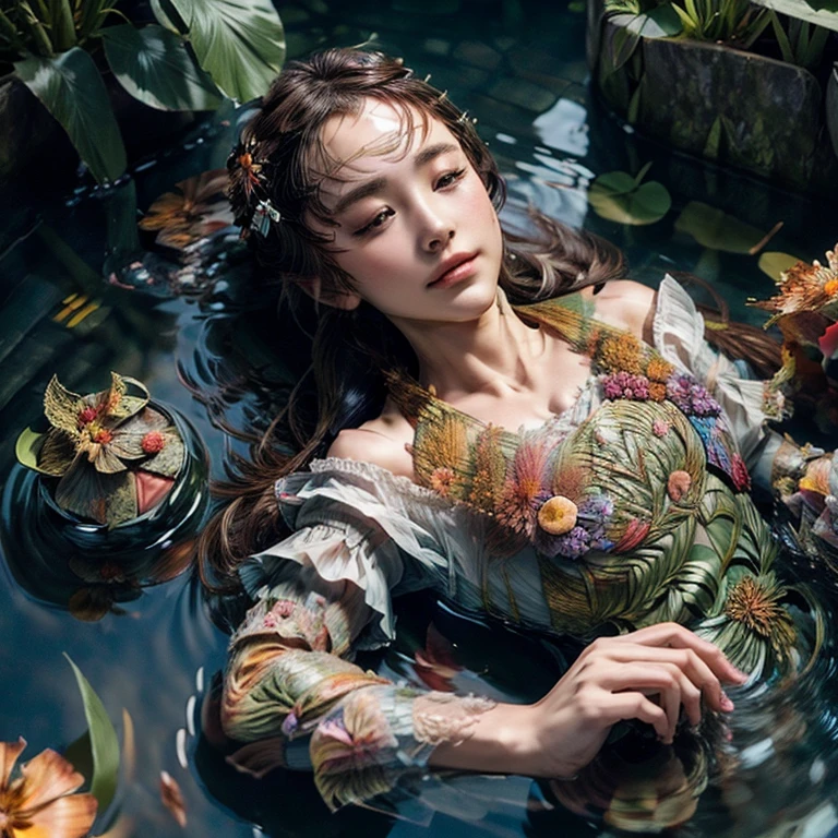 ((Ultra-Detailed (Ophelia:1.37))) with closed eyes, expressionless, lying on her back, (((Whole Body submerged except for beautiful face))) in a Pond, surrounded by petals, flowers, (((Extremely Detailed Stunning Face))) Sparkling Water , water flow