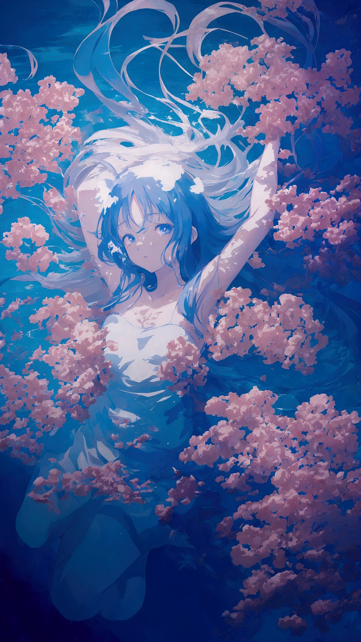 anime girl in a white dress laying on a blue floor, concept art by Hiroyuki Tajima, pixiv, conceptual art, anime girl walking on water, body in water, floating drowned, submerged in water, drowning, drowned, female floating, style of satoshi kon, screenshot from guro anime, animated film still, screenshot from the anime film