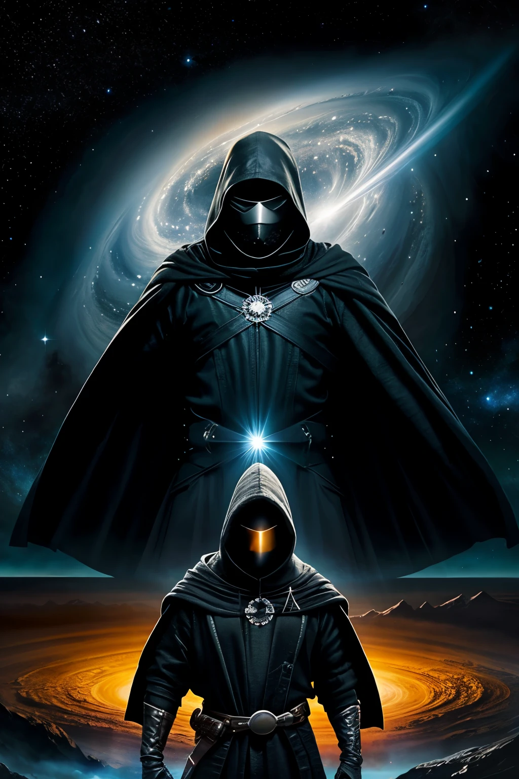 an Interworldy Man with hood, with black blade, and placed is at the edge of the universe, surrounded by stars, in background the Sun which merges with a Black Hole