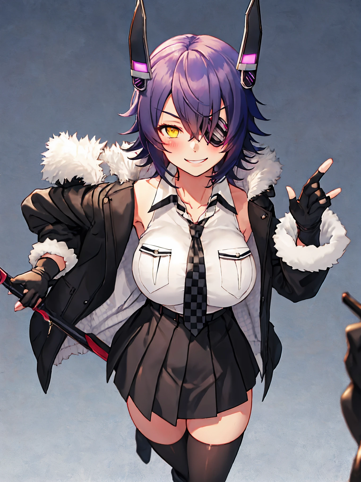 best quality, masterpiece, solo, {tenryuu_kantaicollection:1.15}, teen_girl, eyepatch, short_hair, purple_hair, yellow_eyes, headgear, breasts, necktie, large_breasts, smile, 1girl, blush, checkered_necktie, hair_over_one_eye, shirt, collared_shirt, white_shirt, jacket, sleeveless, brown_eyes, fur-trimmed_jacket, fur_trim, collarbone, looking_at_viewer, pocket, breast_pocket, ,, messy_hair, black_gloves, gloves, partially_fingerless_gloves,harbor_road_landscape_background,outdoor,short_skirt,thigh-highs,boots,sunlight,from_below