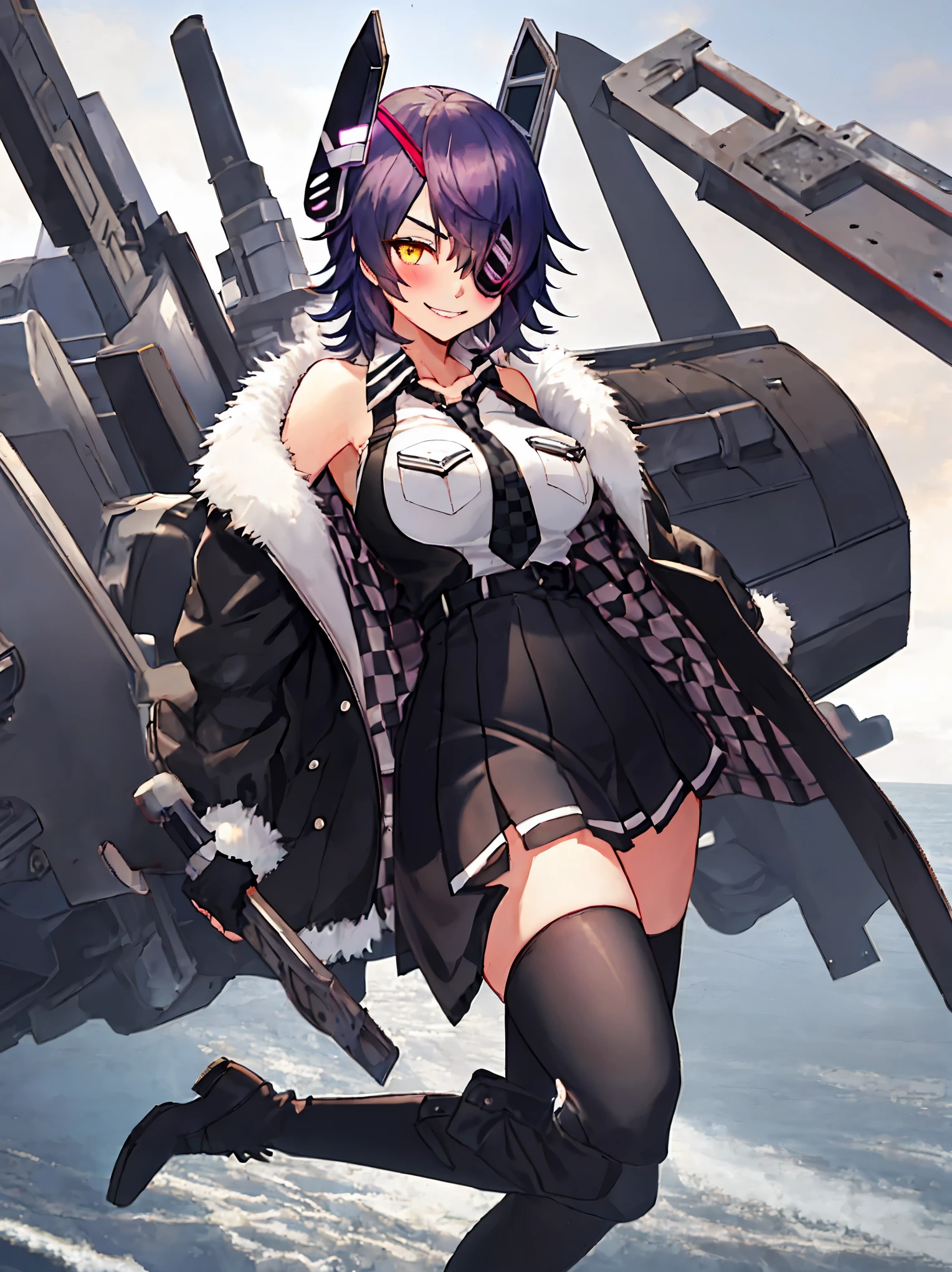 best quality, masterpiece, solo, {tenryuu_kantaicollection:1.15}, teen_girl, eyepatch, short_hair, purple_hair, yellow_eyes, headgear, breasts, necktie, large_breasts, smile, 1girl, blush, checkered_necktie, hair_over_one_eye, shirt, collared_shirt, white_shirt, jacket, sleeveless, brown_eyes, fur-trimmed_jacket, fur_trim, collarbone, looking_at_viewer, pocket, breast_pocket, ,, messy_hair, black_gloves, gloves, partially_fingerless_gloves,harbor_road_landscape_background,outdoor,short_skirt,thigh-highs,boots,sunlight,from_below