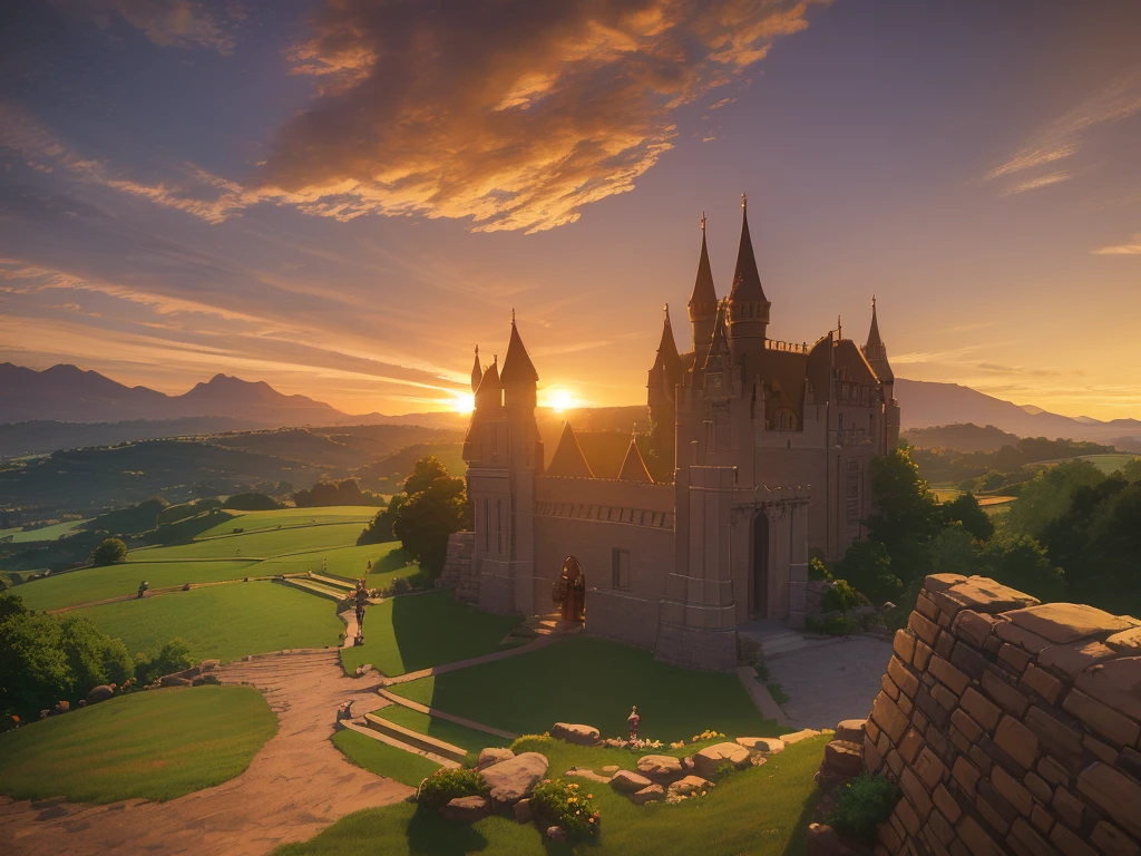 a passionate romantic kiss between link and zelda,sunset over hyrule castle,hilly landscape,detailed lighting,warm colors,vibrant colors,photorealistic,cinematic composition,ultra detailed,intricate details,masterpiece