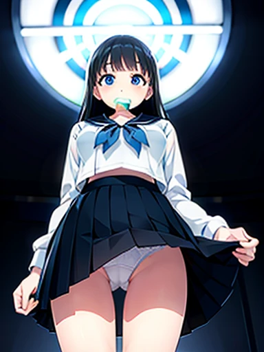 One girl, , skirt, alone, Long Hair, blue eyes, Seraphim, Black Hair, Sailor collar, shirt, Long sleeve, Blurred, View your viewers, bow, Blurred background, white shirt, stage, pleated skirt, black skirt, smile, blue bow, bangs, Depth of written boundary, black Sailor collar, Are standing, indoor, neckerchief, Mouth closed, bowtie, blue skirt, Akebi Sailor,  Girl seen from the floor, It's okay to wear a skirt, View from below, I can see your pants, Medium chest, ((Very detailed)), (Perfectly detailed face), (Extremely elaborate hands), Photorealistic images,White panties,up skirt,Lace panties, Girl seen from the floor, It's okay to wear a skirt, View from below, I can see your pants, Large Breasts ((Very detailed)), (Perfectly detailed face), (Extremely elaborate hands), Photorealistic images,White panties,up skirt,Lace panties