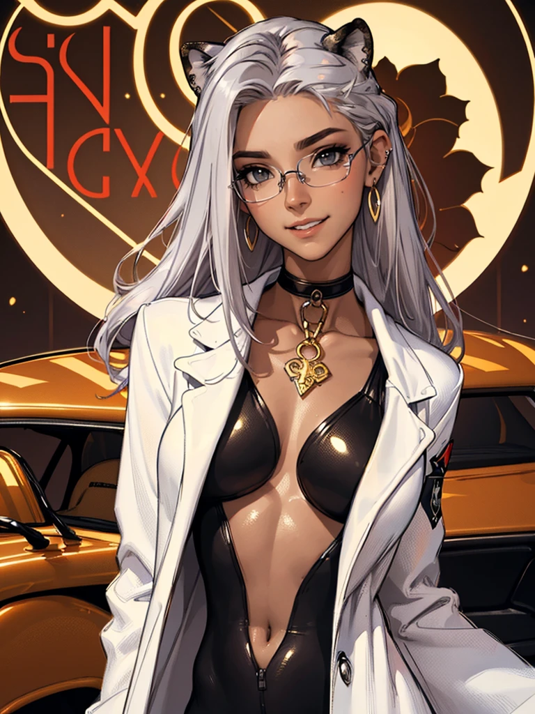 tmasterpiece，（tmasterpiece，top-quality，best qualityer），1girll， jewely，耳Nipple Ring，choker necklace，bangle， hoop earings， ， Long hair and long meat， Blonde hair，(Black color hair，Silvery-white hair，Maroon hair， solo， ssmile， looking at viewert， motorvehicle，The Car， Sports cars，groundvehicle， Sat down， exteriors， daysies， medium breasts，Open navel， dark skinned female， floral patterns， grinning smile，collars，Laser cloth，(black leather bodysuit)， laser，holy rays，gold foil，Gold leaf art，glitter drawing，Correct anatomy，Detailed face, Detailed eyes，Chest exposed，(miami, night life), (abs), leopard print, glasses, labcoat