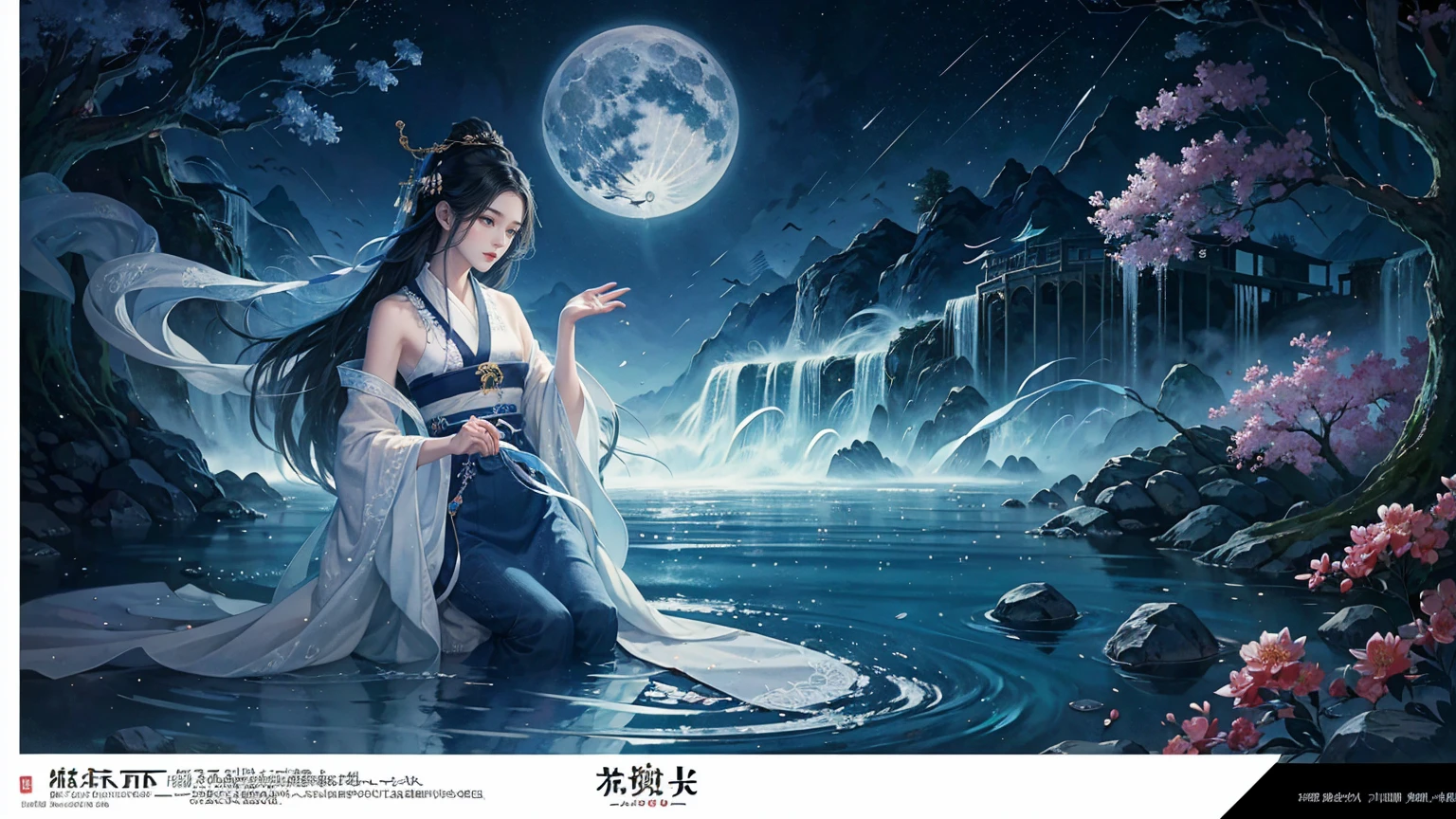Official Art, Unity 8K wallpaper, Extremely detailed, beautiful and aesthetic, masterpiece, best quality, For the world，You may be alone，But for someone，You could be the whole world, paradox, Adrian Genius, Jenny Savile, Edward Hope, Surrealism, The Dark Arts of James Jean, Takato Yamamoto, 墨water朋克极简主义, fashion magazine, Editorial Photography, gufeng, moon, Tree, Solitary, water, flower, Branches, night, Black Hair, Back to, shawl, full moon, (1 Korean girl，Sexy facial features，Sexy fingers), in Tree, Long hair, Sky, sit, Chinese clothes, Hanfu, crescent moon, permanent, outdoor，手上有一个water晶球