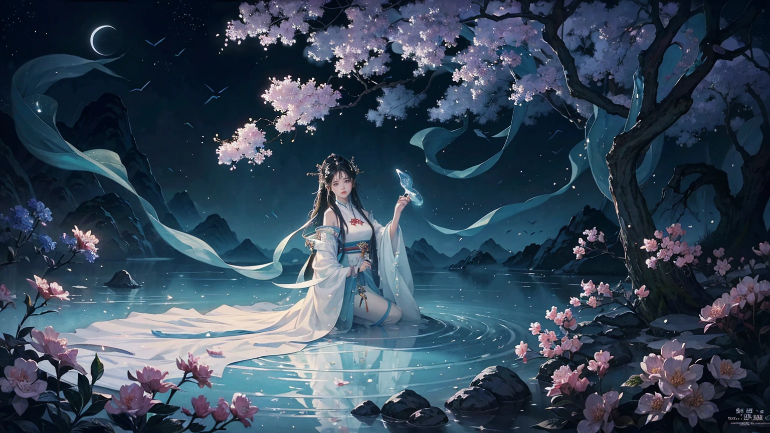 Official Art, Unity 8K wallpaper, Extremely detailed, beautiful and aesthetic, masterpiece, best quality, For the world,You may be alone,But for someone,You could be the whole world, paradox, Adrian Genius, Jenny Savile, Edward Hope, Surrealism, The Dark Arts of James Jean, Takato Yamamoto, 墨water朋克极简主义, fashion magazine, Editorial Photography, gufeng, moon, Tree, Solitary, water, flower, Branches, night, Black Hair, Back to, shawl, full moon, (1 Korean girl,Sexy facial features,Sexy fingers), in Tree, Long hair, Sky, sit, Chinese clothes, Hanfu, crescent moon, permanent, outdoor,手上有一个water晶球
