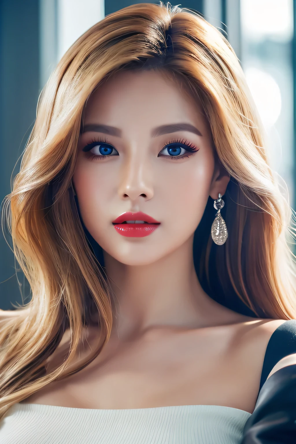 An unparalleled masterpiece, Ultra-realistic 8K CG, Perfect artwork, ((Image of a perfect woman)), Mature Woman, Tight waist, charm, clean, Beautiful Face, {Very delicate and beautiful girl} , 8k wallpaper, {{{masterpiece}} }, 1 girl, bionde, Blue eyes, American Drama「Charlie's Angels」、Long Hair,  Red lips,double eyelid、I&#39;Apply mascara、 alone,  (Glowing Skin),photo shoot on the beach、Wearing a red bikini、Pose like a model、The sea of Shikanoshima、early summer sea、