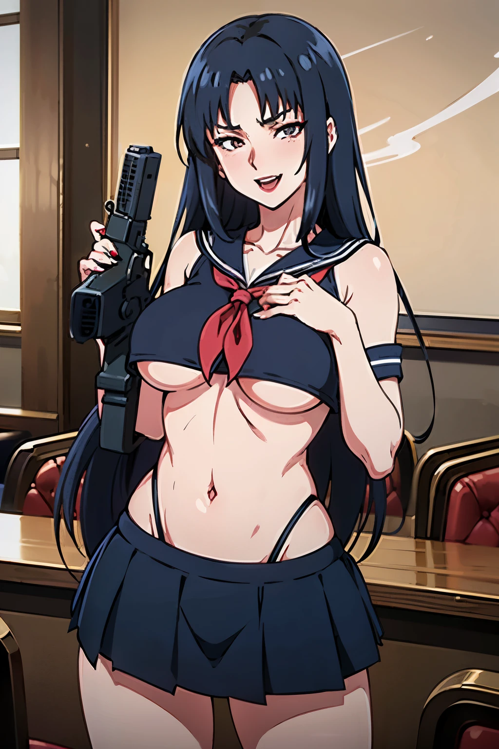  fw.nush, long hair,  evil smile, mature female, milf, long hair, lipstick, smile, Hot girl, baddie, staring, glaring, bad attitude, mean girl, dare, angry, hate, crazy, smoking, sensual, attractive, masterpiece, best quality, highly detailed, a anime girls in sailor uniforms with a gun posing for a picture,
evil smile, smile, open mouth,black_serafuku, ecchi anime style, anime girls , (nsfw) not safe for work,
ecchi style, ecchi, shipgirls, digital anime art!!, high school girls, holding a gun, hold a gun, anime style 4
k, micro skirt, exposed belly, exposed navel, exposed midriff, holding pistol,underboob,
exposed lower belly,school, classroom,