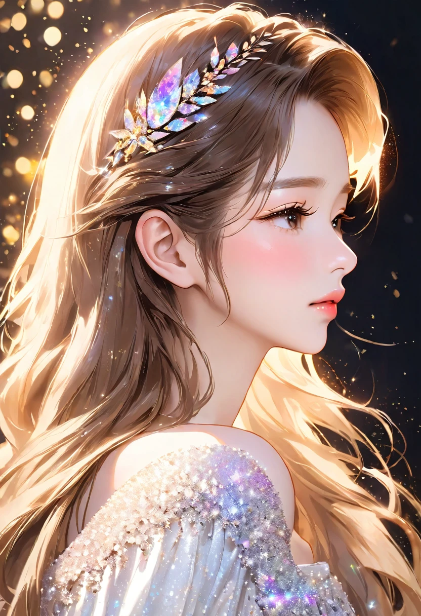 Close-up of the profile of a beautiful girl with long brown hair, closing eyelids, not opening eyes, eyes completely closed, eyes closed, long eyelashes, white off-the-shoulder outfit, mature, made-up face, pretty, older woman, glitter eye makeup, Korean-style makeup, masterpiece, perfect hand shape