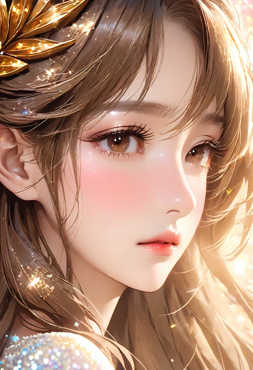 Close-up of the profile of a beautiful girl with long brown hair, closing eyelids, not opening eyes, eyes completely closed, eyes closed, long eyelashes, white off-the-shoulder outfit, mature, made-up face, pretty, older woman, glitter eye makeup, Korean-style makeup, masterpiece, perfect hand shape