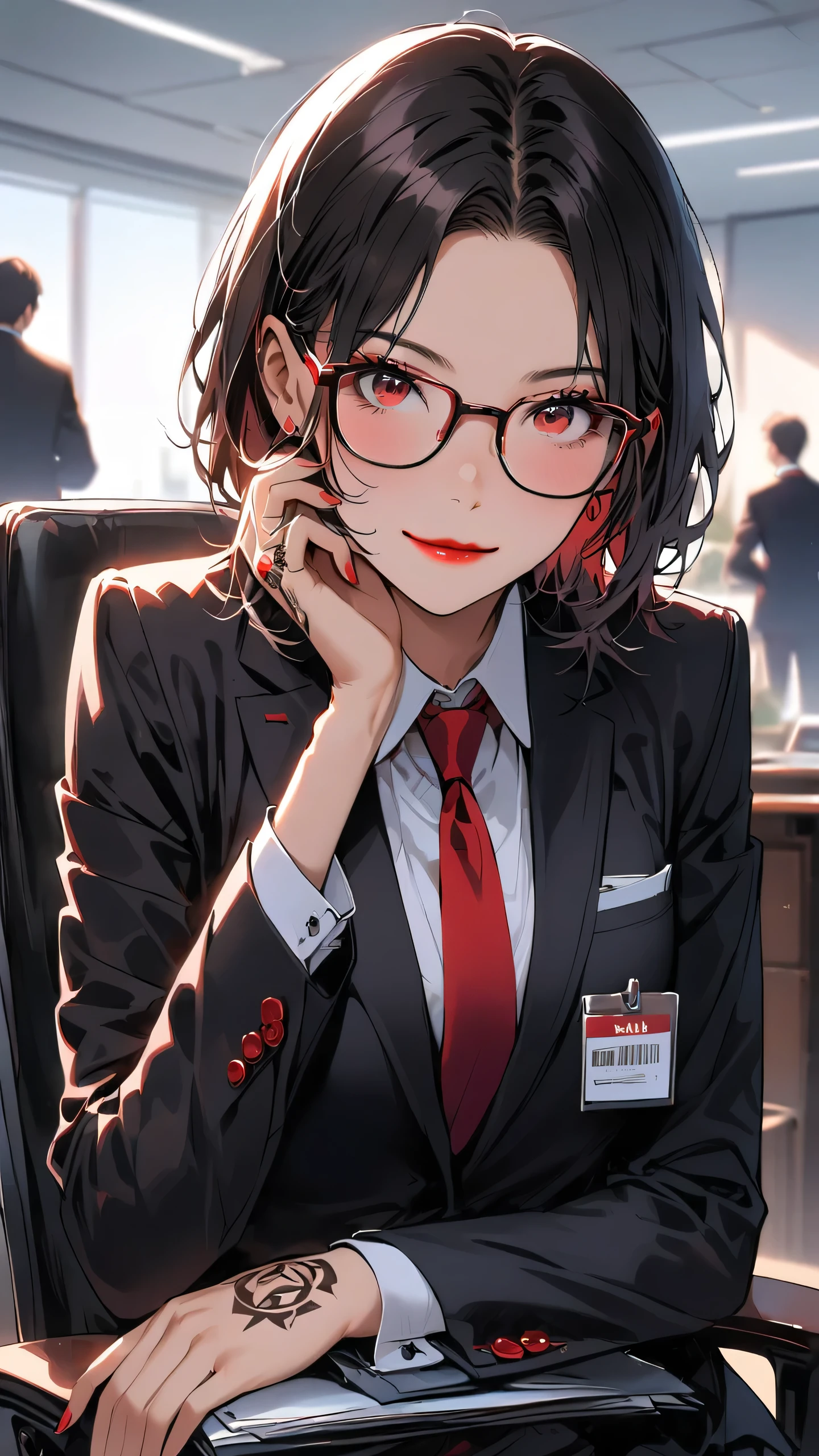 highest quality、masterpiece、1 girl、office room background、, red eyes, black hair :1.5 、Black and white world、Black and white world、short hair 、side blade,light smile, red lips, parted bangs , business suit, glasses, name tags, holding paperwork, sitting on chair, red necktie, lawyer, tattoo on hand 