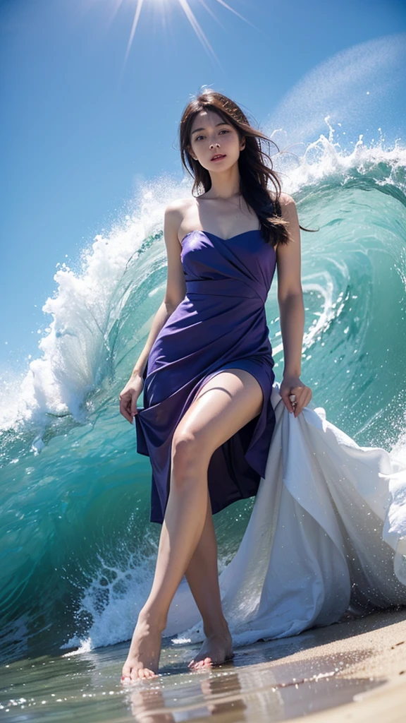 Highest quality,masterpiece,Ultra-high resolution,(Actual:1.4),オリジナルphotograph,Ultra-high resolution,summer,Blue sky,blue sky,8k,Beautiful woman,cute,beautiful,summer,Beach,Fair skin,Exquisite makeup,Big waves,Purple Dress,Sandy Beach,Long legs,Bright and beautiful,Blue sky,Clouds flowing、A scene from a movie,photograph,