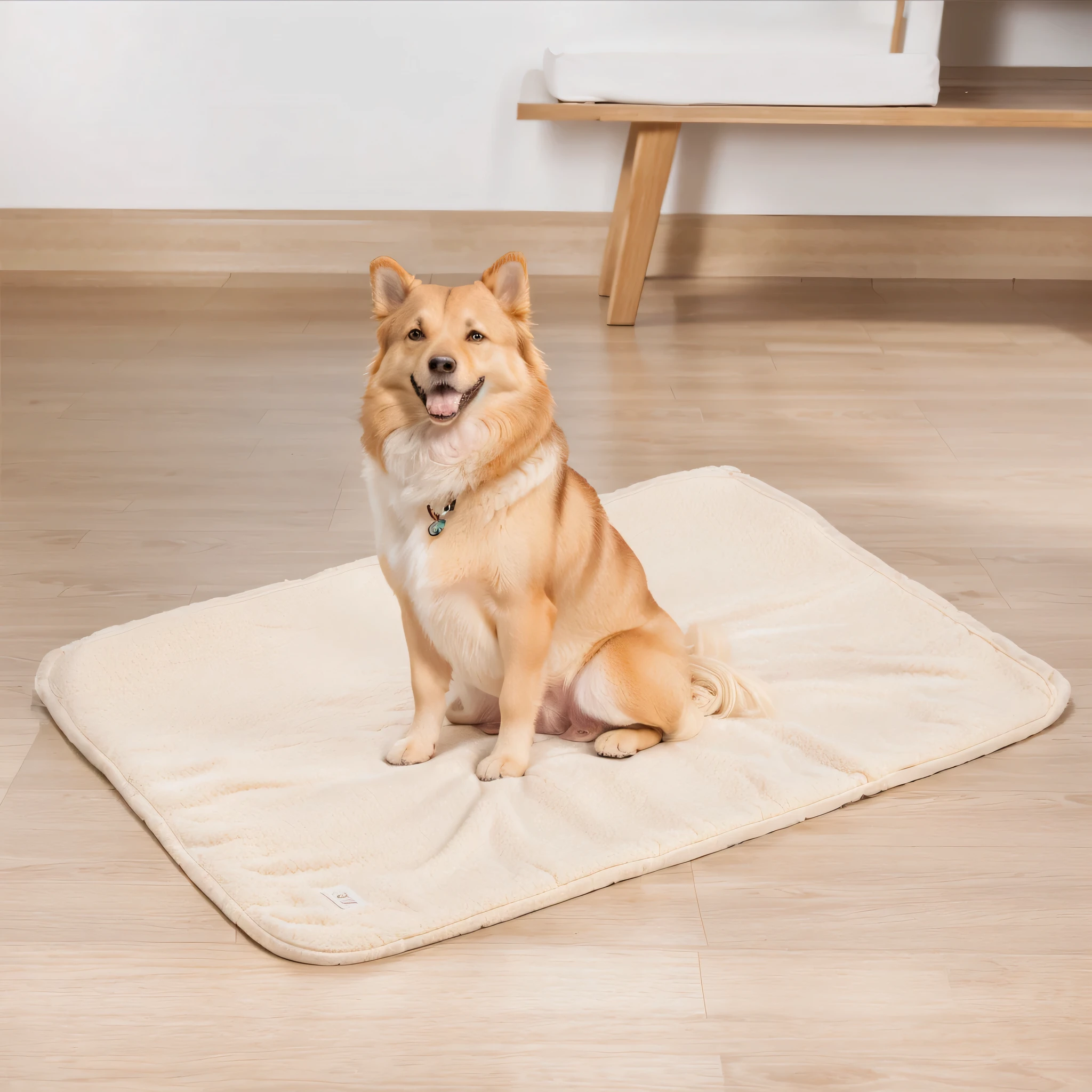 There was a dog sitting on the floor,There is a beige diaper blanket on the floor，Thin beige diaper blanket， soft - Warm, Designed for comfort and aesthetics!, soft and Warm, Extremely realistic, Warm features,, very detailed and high quality, Warmly lit, Warm, puppy, Bright morning light, Surreal, Super smart, High-end，Amazon product diagram，Ultra-realistic scene map，Natural light and shadow