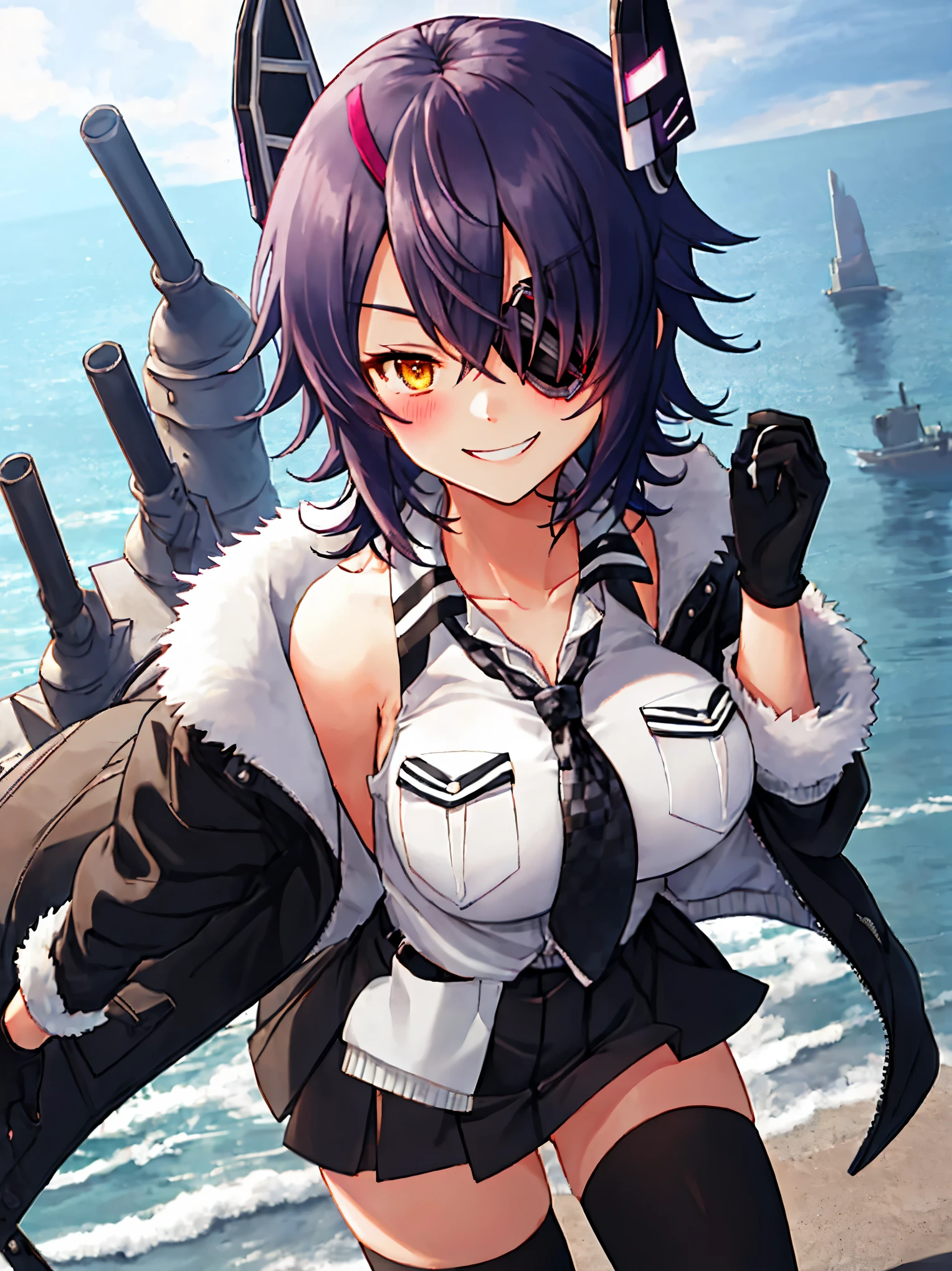 best quality, masterpiece, solo, {tenryuu_kantaicollection:1.15}, _girl, eyepatch, short_hair, purple_hair, yellow_eyes, headgear, breasts, necktie, large_breasts, smile, 1girl, blush, checkered_necktie, hair_over_one_eye, shirt, collared_shirt, white_shirt, jacket, sleeveless, brown_eyes, fur-trimmed_jacket, fur_trim, collarbone, looking_at_viewer, pocket, breast_pocket, ,, messy_hair, black_gloves, gloves, partially_fingerless_gloves,harbor_road_landscape_background,outdoor,short_skirt,thigh-highs,boots,sunlight,from_below