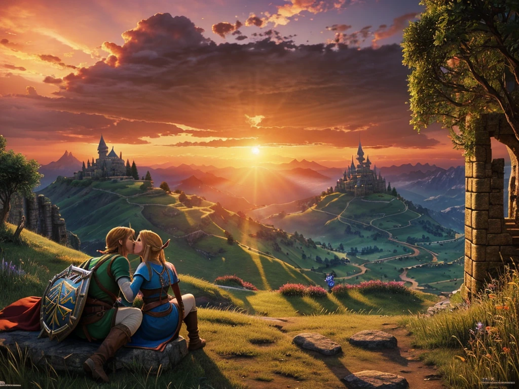 a passionate romantic kiss between link and zelda,sunset over hyrule castle,hilly landscape,detailed lighting,warm colors,vibrant colors,photorealistic,cinematic composition,ultra detailed,intricate details,masterpiece