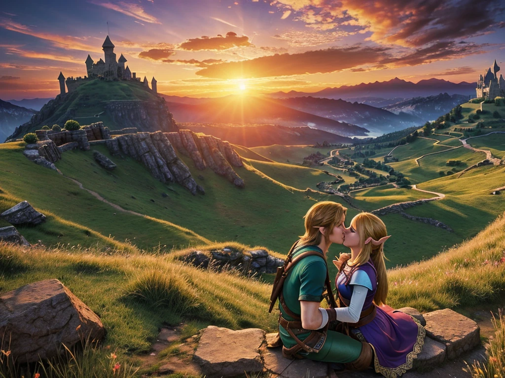 a passionate romantic kiss between link and zelda,sunset over hyrule castle,hilly landscape,detailed lighting,warm colors,vibrant colors,photorealistic,cinematic composition,ultra detailed,intricate details,masterpiece