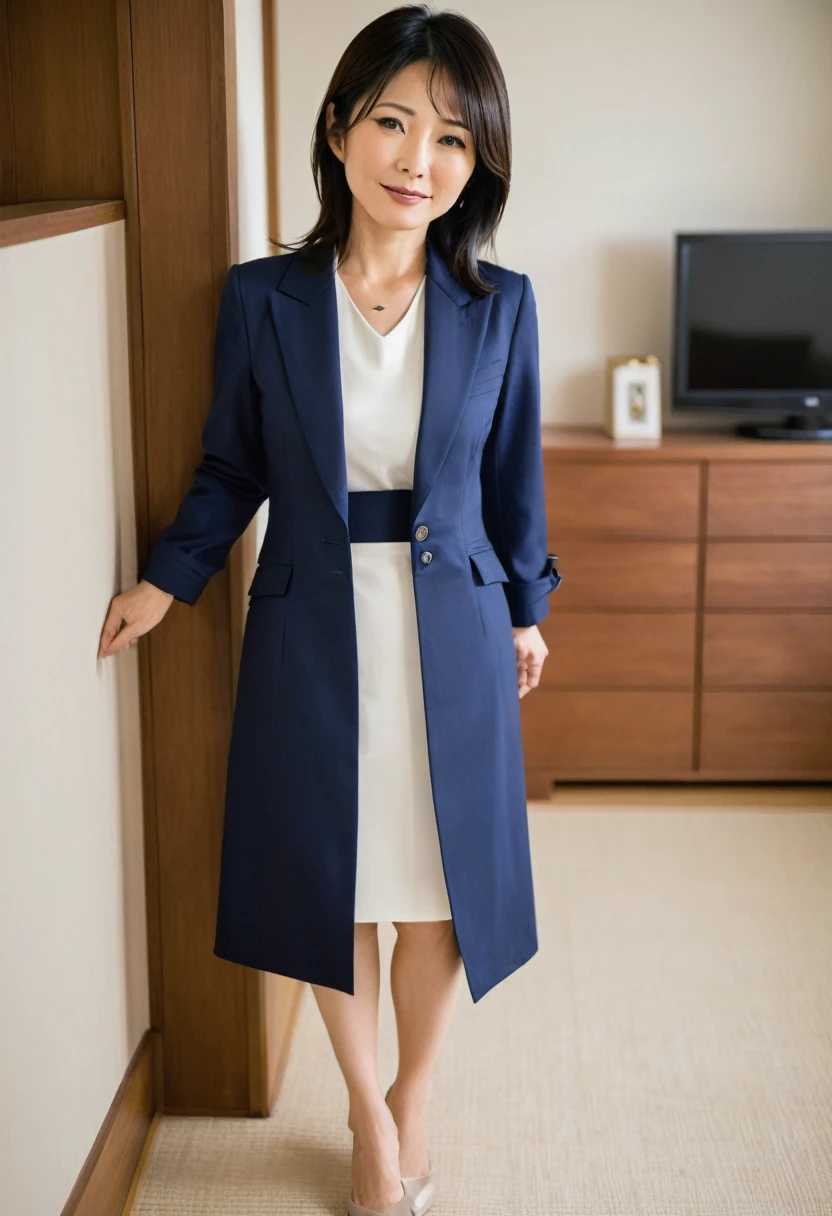 Japanese housewife in her 40s,Shortcuts,Flat Chest、Full body view