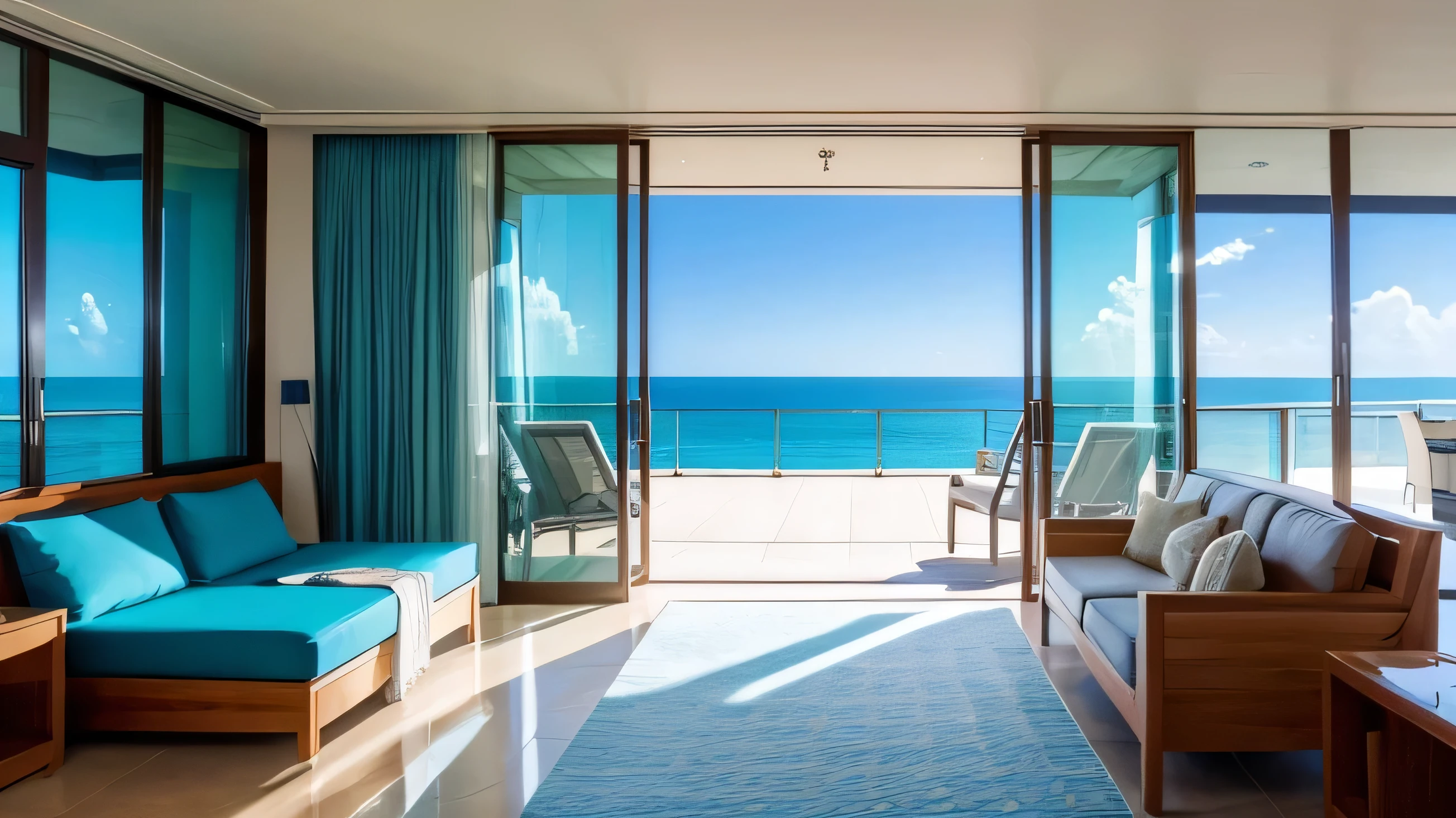 Image of an ocean view room with an attractive open sea view while admiring the horizon where the blue sea meets the sky