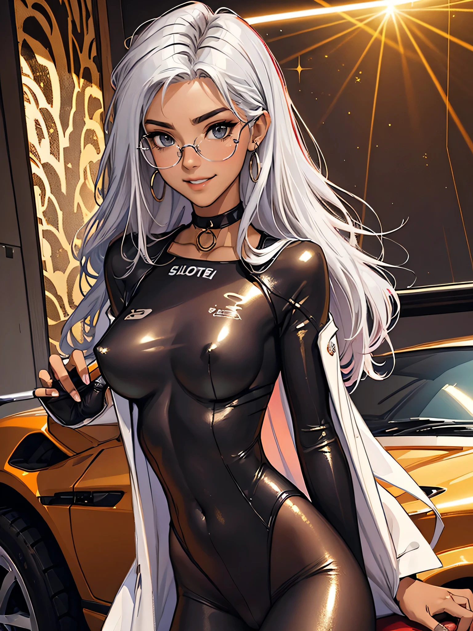 tmasterpiece,(tmasterpiece,top-quality,best qualityer),1girll, jewely,耳Nipple Ring,choker necklace,bangle, hoop earings, , Long hair and long meat, Blonde hair,(Black color hair,Silvery-white hair,Maroon hair, solo, ssmile, looking at viewert, motorvehicle,The Car, Sports cars,groundvehicle, Sat down, exteriors, daysies, medium breasts,Open navel, dark skinned female, floral patterns, grinning smile,collars,Laser cloth,(black leather bodysuit), laser,holy rays,gold foil,Gold leaf art,glitter drawing,Correct anatomy,Detailed face, Detailed eyes,Chest exposed,(miami, night life), (abs), leopard print, glasses, labcoat