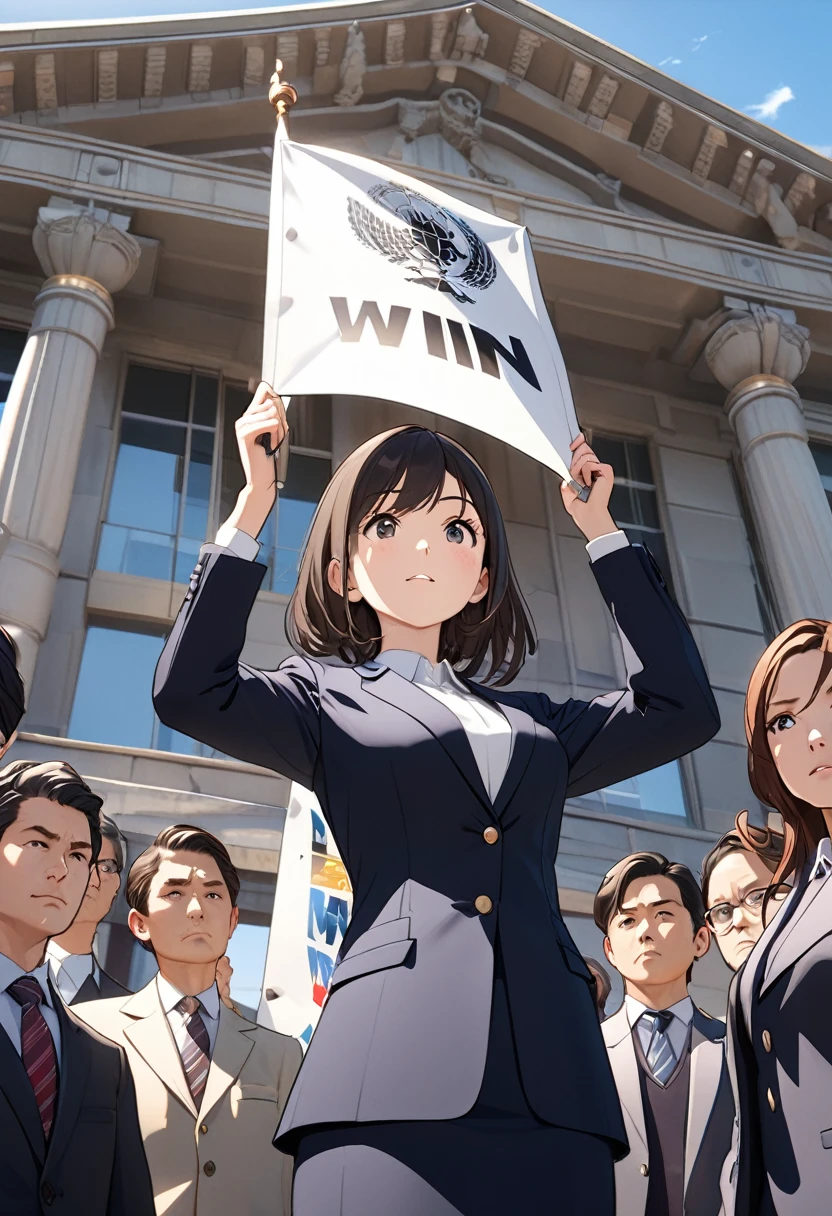 (ultra illustrated style:1.5),best quality,best animated,masterpiece,ray tracing, global illumination, the white banner with only "WIN" written in large letters, upper body, A young female lawyer holds up the banner in front of a large group of reporters, in front of the courthouse, It's probably a sight unique to Japan.