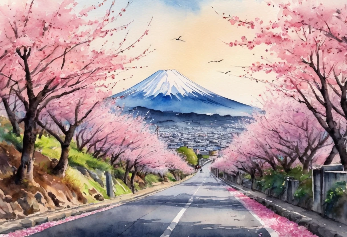 (Cherry blossom and street:1.5), (ink and watercolor painting:1.5), (tastefully:1.5), (ink and watercolor painting:1.5), (full color:1.5), 8 K, 4K, (landscapes:1.5),(Cherry blossom trees:1.5),(wind:1.5),(flying cherry petals:1.5),(cherry blossom street:1.5),(Mountain road:1.5),(Kyoto:1.5),(pink theme:1.5),Mount Fuji in the background