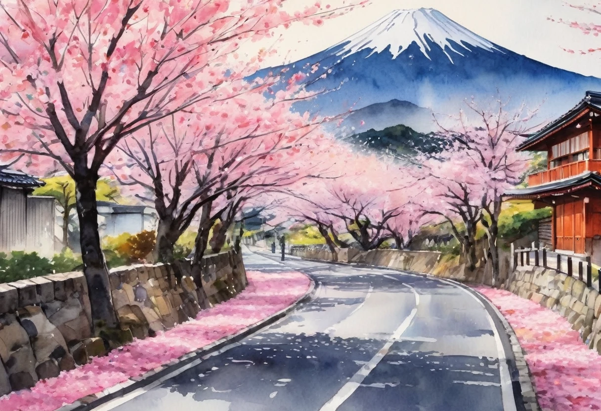 (Cherry blossom and street:1.5), (ink and watercolor painting:1.5), (tastefully:1.5), (ink and watercolor painting:1.5), (full color:1.5), 8 K, 4K, (landscapes:1.5),(Cherry blossom trees:1.5),(wind:1.5),(flying cherry petals:1.5),(cherry blossom street:1.5),(Mountain road:1.5),(Kyoto:1.5),(pink theme:1.5),Mount Fuji in the background