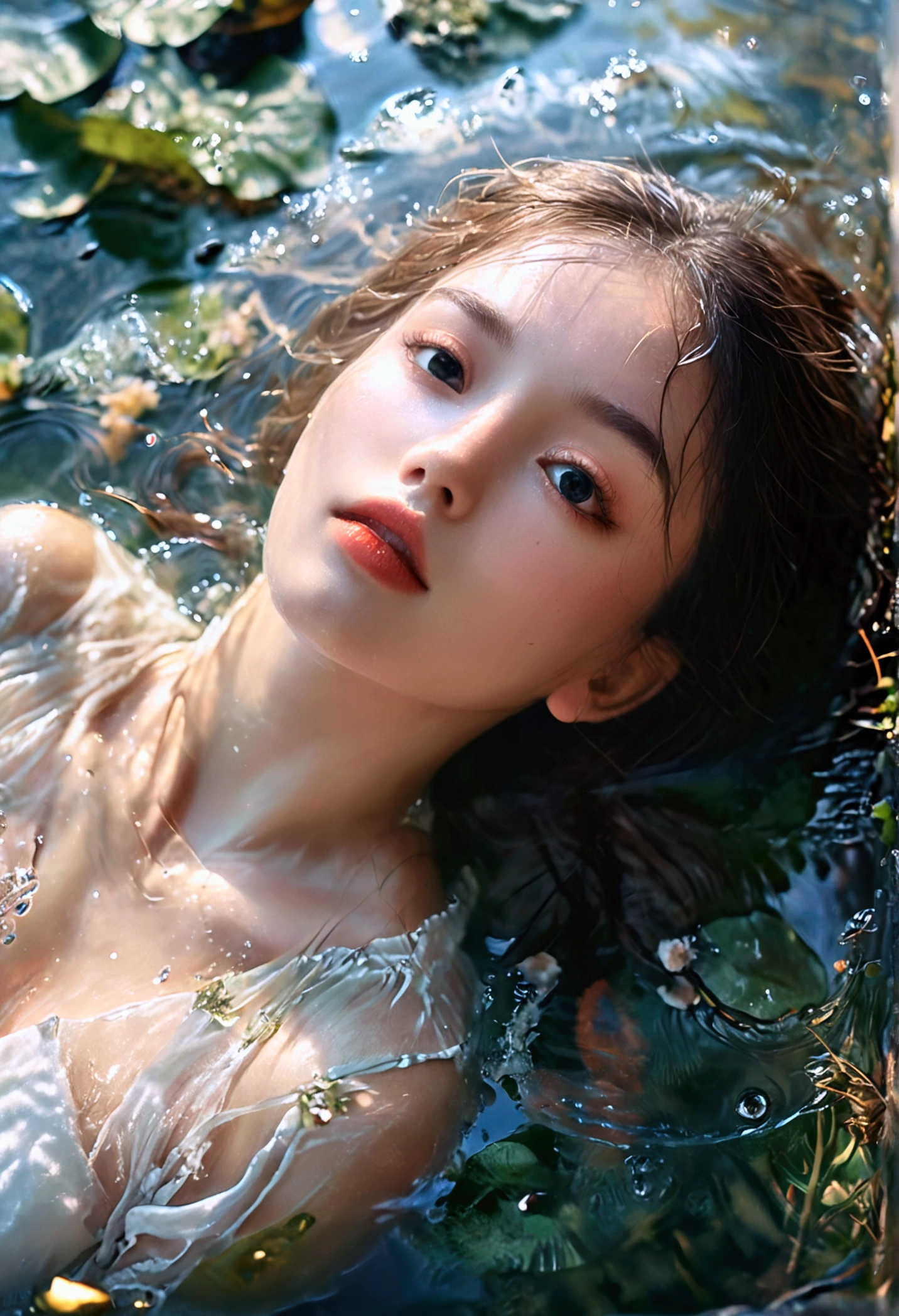 1girl, beautiful detailed eyes, beautiful detailed lips, very detailed face and eyes, long eyelashes, wearing white shirt, lying in shallow water, gentle waves, reflection in water, (upper body above waist_aerial shot low angle focus), Surreal concept (highest quality, 4k, 8k, high resolution, masterpiece:1.2), highly detailed, (realistic, photorealistic, photorealistic:1.37), natural light, soft lighting, calming atmosphere, dreamlike, ethereal, serenity, quiet