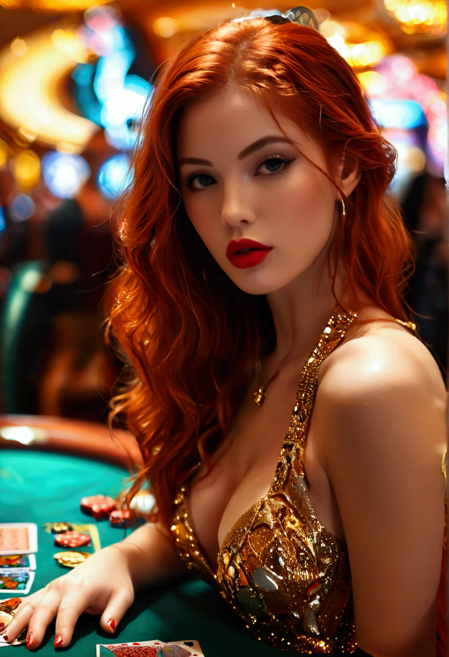 ultra realistic, photography, long red hair, girl, 24 years old, hourglass figure, perfect body, Flirty look, medium natural breasts, extremely detailed artgerm, in the style artgerm, blur background, at a casino, at the black jack table, playing cards, shiny tight gold dress, perfect hair, red lips