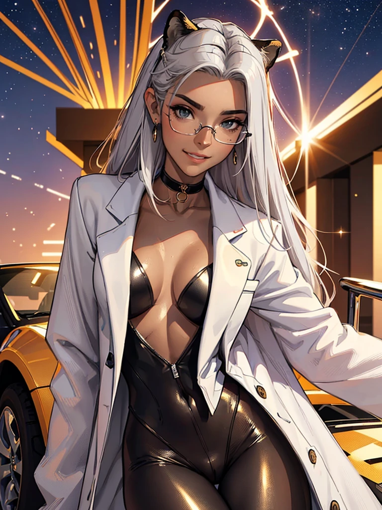 tmasterpiece,(tmasterpiece,top-quality,best qualityer),1girll, jewely,耳Nipple Ring,choker necklace,bangle, hoop earings, , Long hair and long meat, Blonde hair,(Black color hair,Silvery-white hair,Maroon hair, solo, ssmile, looking at viewert, motorvehicle,The Car, Sports cars,groundvehicle, Sat down, exteriors, daysies, medium breasts,Open navel, dark skinned female, floral patterns, grinning smile,collars,Laser cloth,(black leather bodysuit), laser,holy rays,gold foil,Gold leaf art,glitter drawing,Correct anatomy,Detailed face, Detailed eyes,Chest exposed,(miami, night life), (abs), leopard print, glasses, labcoat
