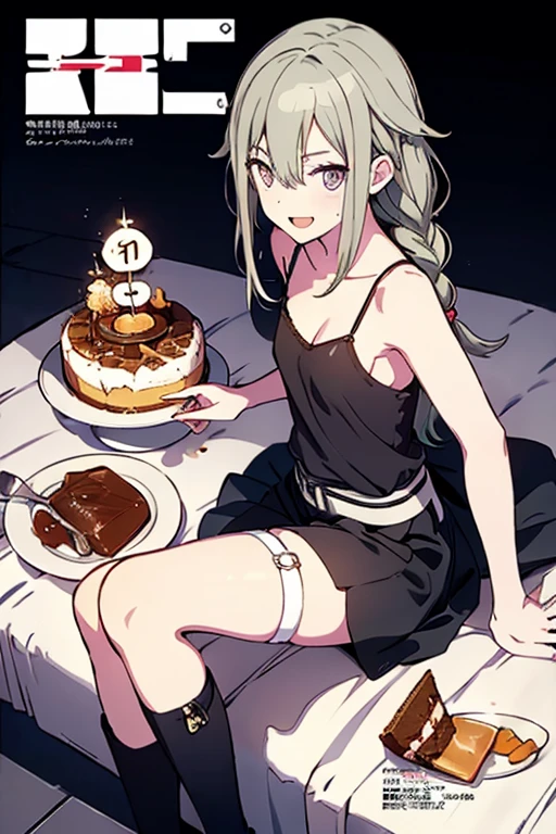 (small breasts:1.2), (perky chest:1.2), (pointed chest:1.2), (Pudding cake magazine cover:1.3),(from above:1.0),(shoot from the side:1.1),masterpiece, 1girl, Amazing Cleavage:1.1, thin waist, optimum,tmasterpiece,hight resolution,best qualtiy,hyper HD,super detailing,awardwinning,a 18yo cute girl,(The upper part of the body),anatomy correct,Beautiful Black miniskirt,garters,Gaze,Small face,bangss,holster,Beautuful Women,hands up,leg holster,Gaze,black boots,Cowboy Shot,cute face,a blond,Longhaire,Twin-tailed,Braids, Hairline,(scarlet eyes),long eyelasher,Hanging eye corners,White skin of the, ((see through camisole:1.1)), ((Sheer nipples:1.0)),Rocket Tits,(Slim body),smile,seductive weak smiling,(with sparkling eyes and a contagious smile),little open mouth, Looking at Viewer,