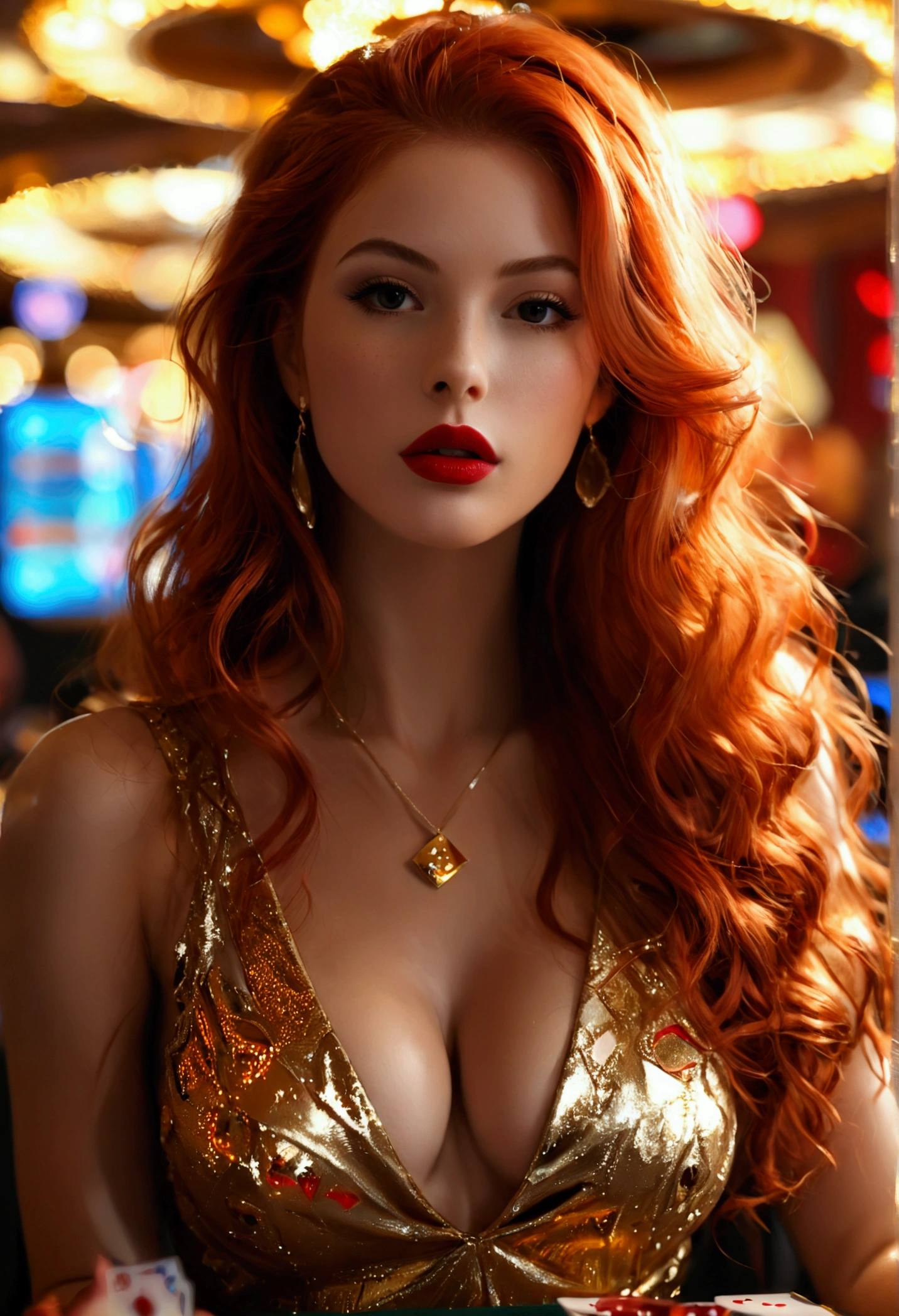 ultra realistic, photography, long red hair, girl, 24 years old, hourglass figure, perfect body, Flirty look, medium natural breasts, extremely detailed artgerm, in the style artgerm, blur background, at a casino, at the black jack table, playing cards, shiny tight gold dress, perfect hair, red lips