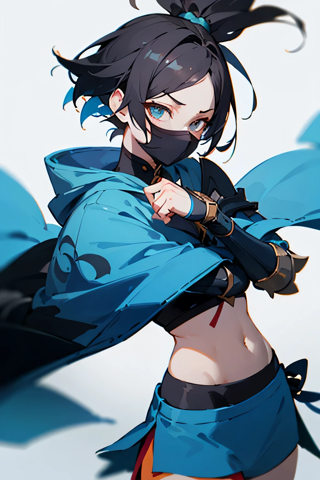 Kitana from Mortal Kombat 1, Make her face Genshin and Honkai looks like face, sharp slanted eyes, wearing metal armored mask, Ponytail dark hair, short hair, crop top oversized hoodie street wear style, wearing dark colour skort, holding soft blue nearly white background,chromatic effect