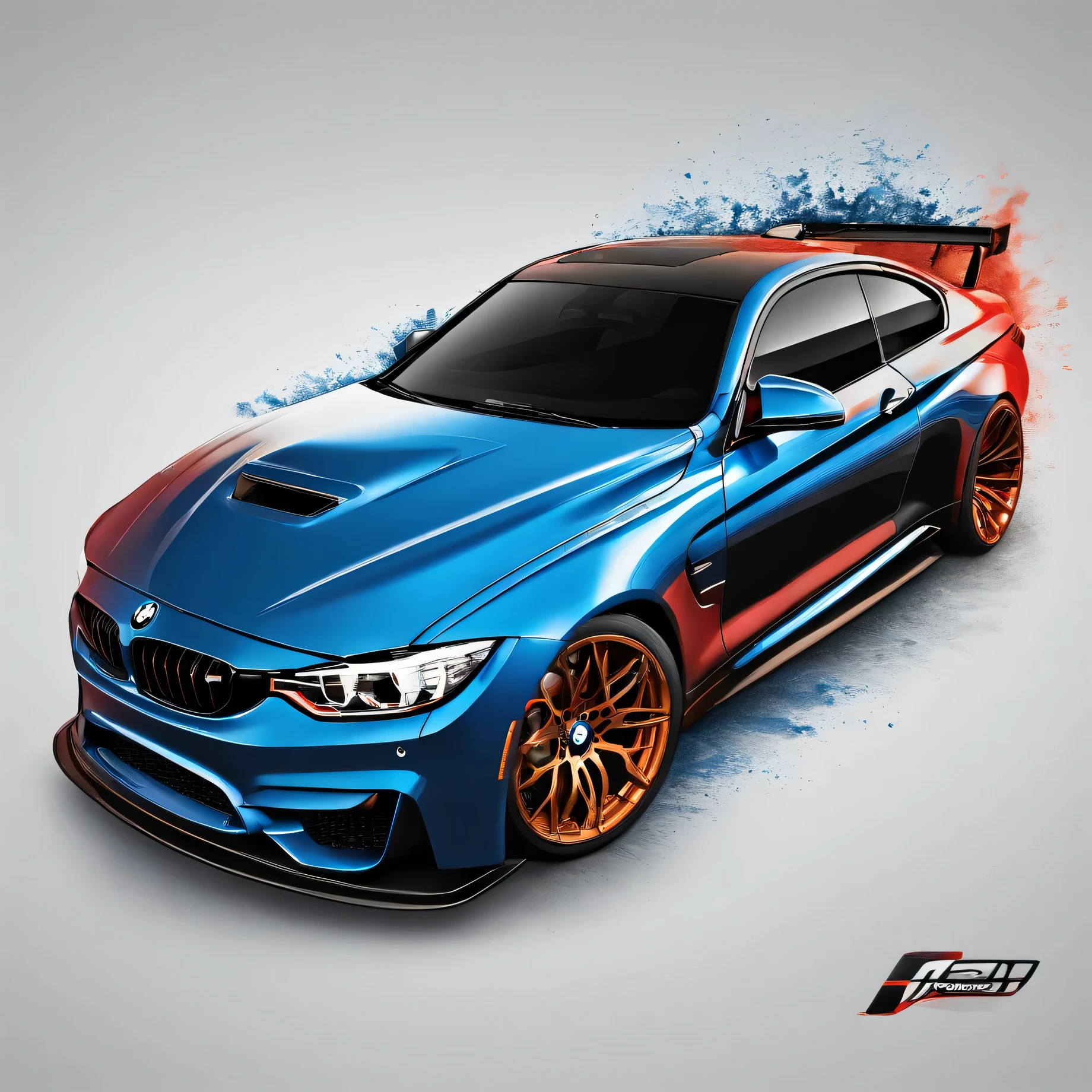 Create a dynamic T-shirt design featuring a BMW M4. The design should include the car in action with burnout smoke trailing from the tires. Add stylish, angular lines to suggest speed and movement. Incorporate vibrant colors like neon blue, fiery red, and electric yellow to enhance the overall effect. Include bold, eye-catching text that reads 'Ultimate Driving Machine' in a sleek, modern font. The design should be energetic and visually striking, perfect for a car enthusiast’s T-shirt."