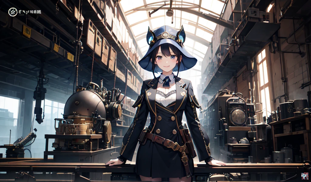 masterpiece、High resolution、Very detailed、Real Stick、girl、slight smile
(Comic book style),(Line art_anime),(Cowboy Shot, Highest quality, ),(Photo by Laura Budd:1.2),(Laura Add details:1.0),8k, Flat Color:0.8,1 girl,smile、(Highly decorative and complex mechanical steampunk fashion, Lace flare dolphin hat、Goggles 1.5、machinery background、Gear background、Complex mechanized steampunk factory、1.5)