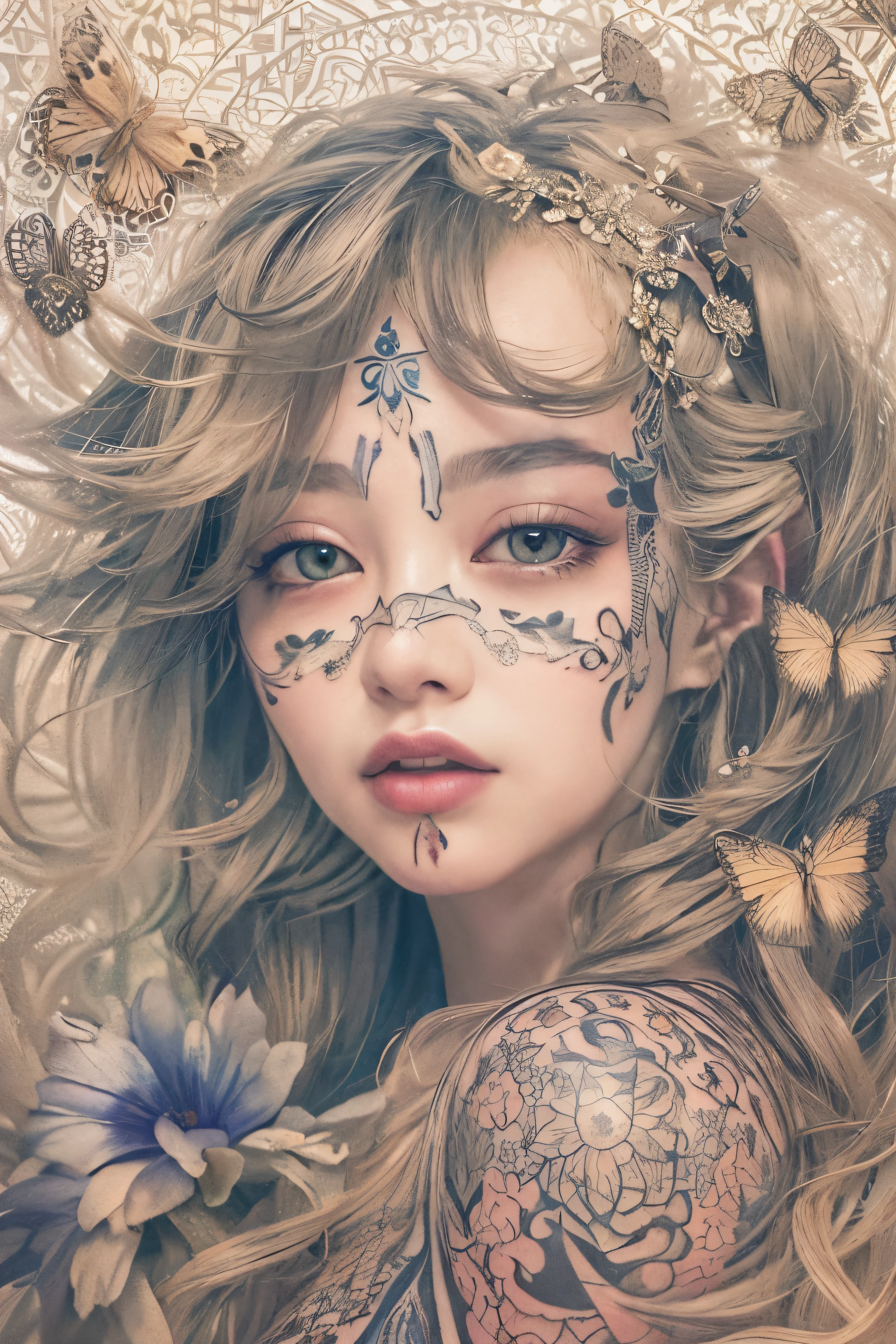 ((((masterpiece))), tattoo、Highest quality, An illustration, Beautiful details shine,
paper_cut, The details of a fragile girl's face captured on camera, wood, moon, butterfly,Wind、star、spider、Ladybug、centipede
