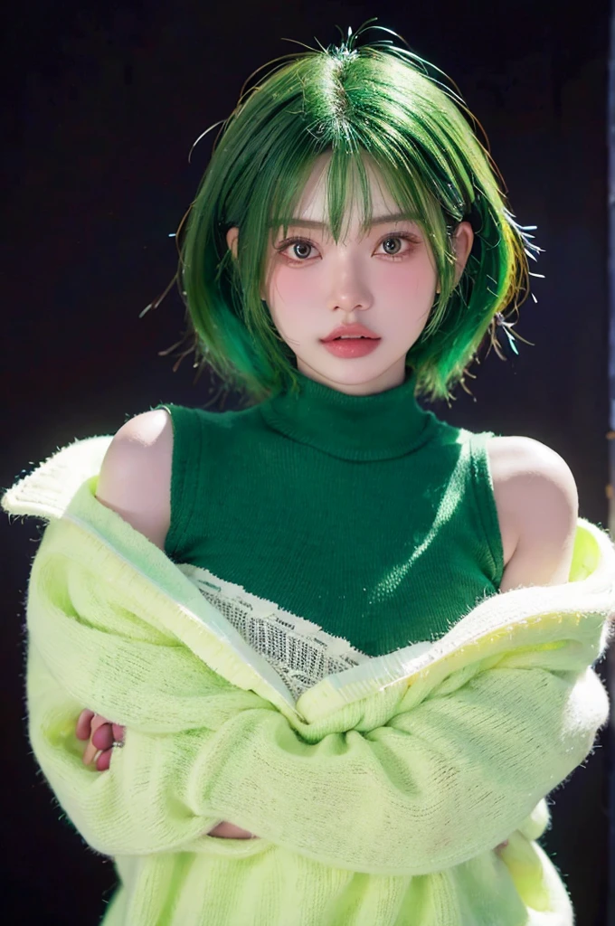 nokiapretty, sweather, black background, greenhair, hugingdarkbear